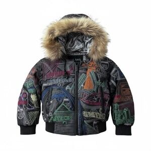 Vintage RARE Vilanto Kids Leather Hooded Jacket City Skyline Embroidery Size Med